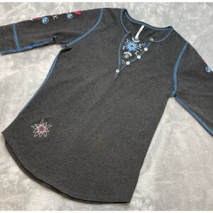 Alp-n-Rock Embroidered Henley Top Womens 1/XS Gray Danish Floral 3/4‎ Sleeve